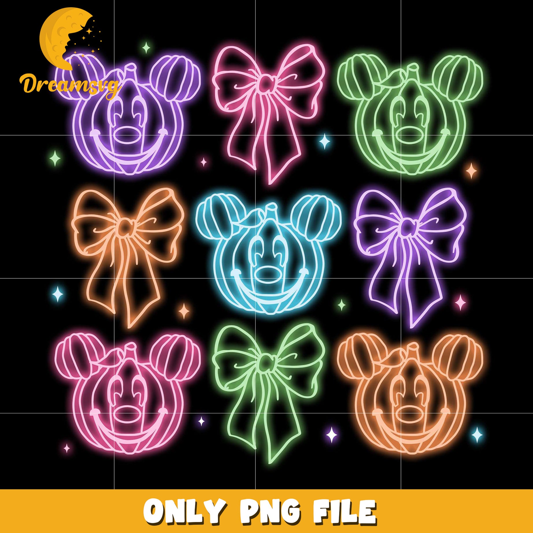 Mickey and bowtie neon png, spooky season​ png, halloween pumpkin png