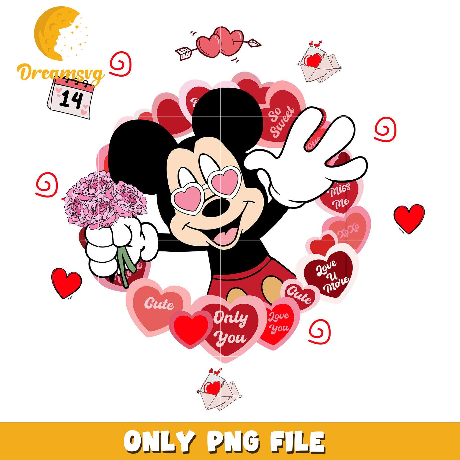 Mickey mouse heart glasses flower png, disney valentine png