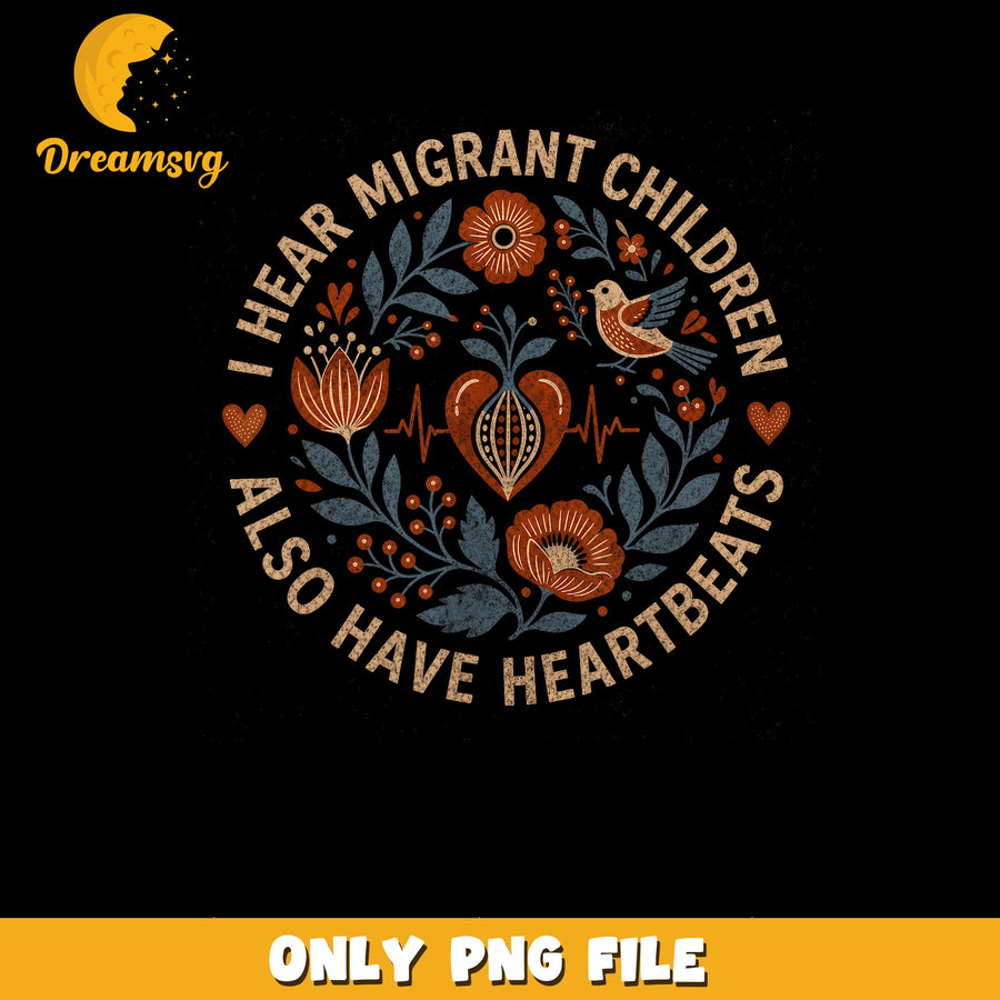 Migrant Children PNG, Heartbeat Design, Floral Art PNG