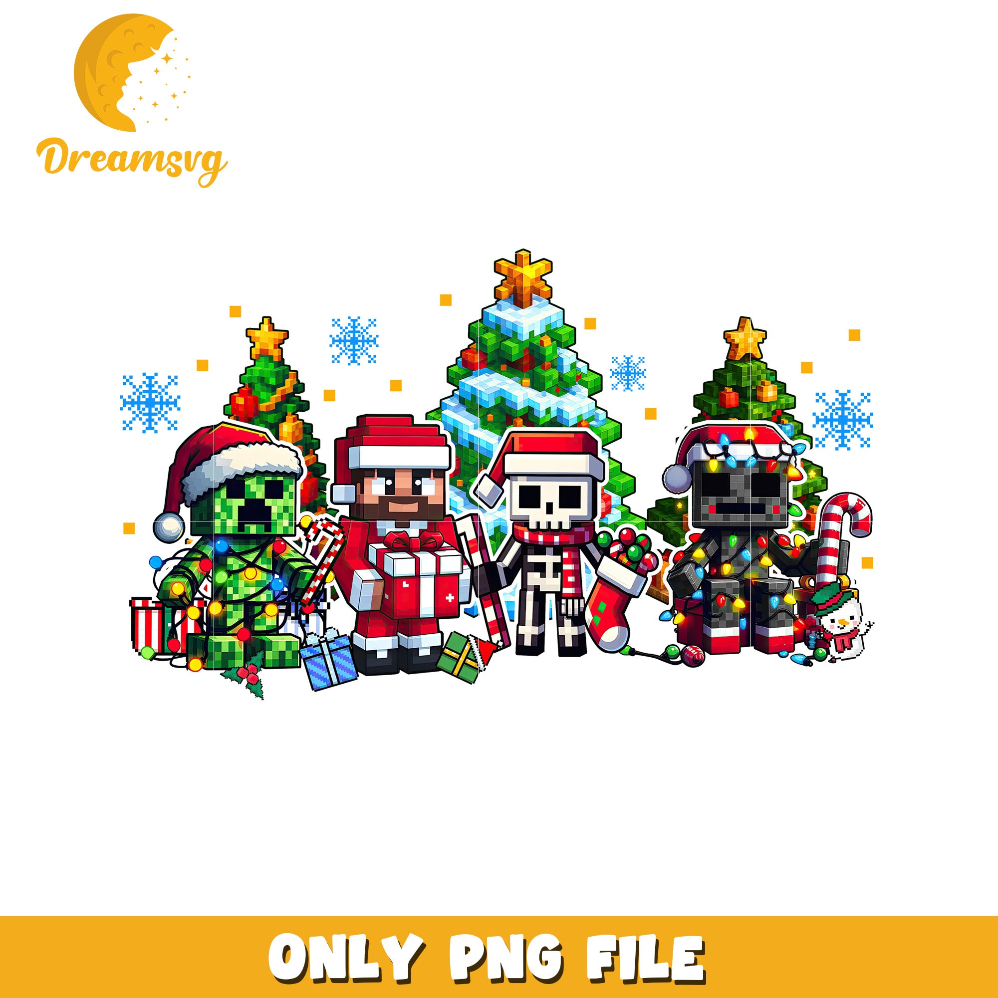 Minecraft christmas characters png, christmas tree png, christmas lights png