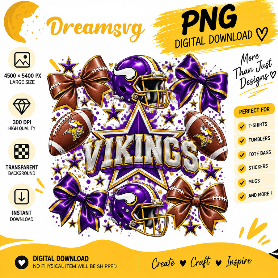 Minnesota Vikings Coquette Bow Football Helmet Stars PNG