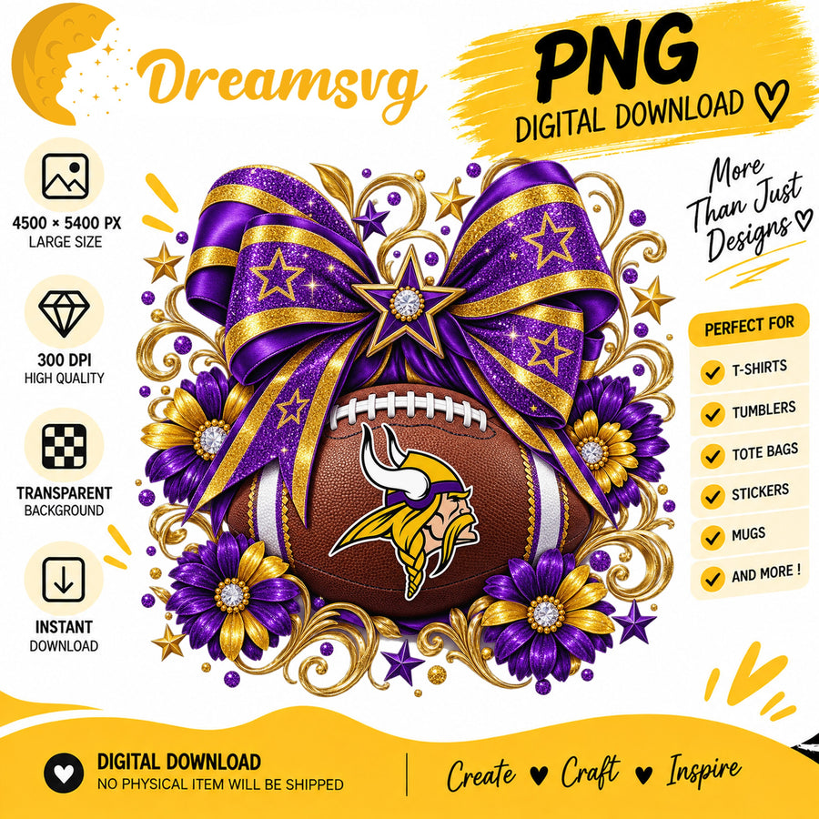 Minnesota Vikings Coquette Bow Glitter Floral Football PNG