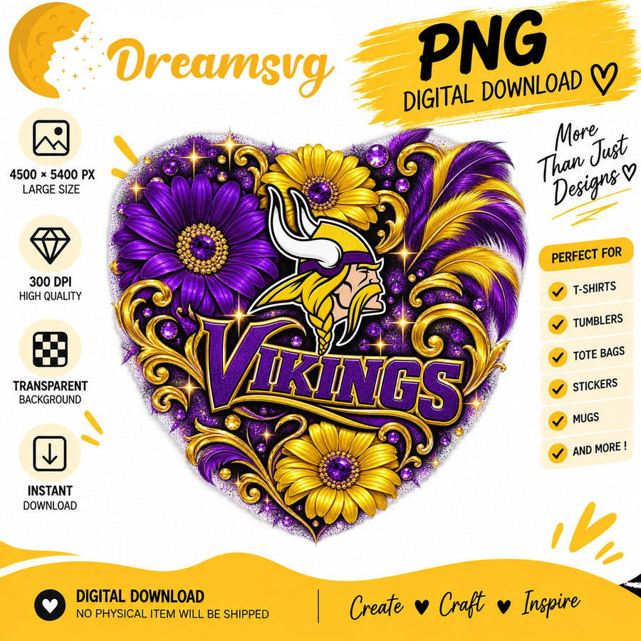 Minnesota Vikings Floral Heart NFL Football Sublimation PNG