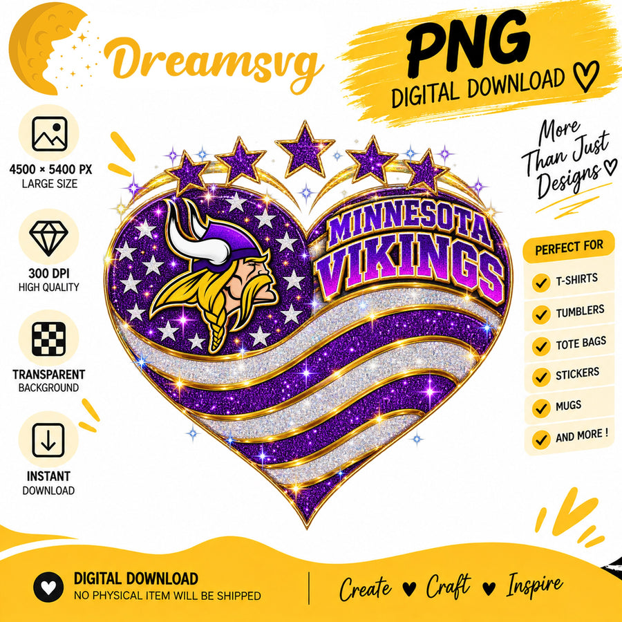 Minnesota Vikings Glitter Heart NFL Football Fan Girl PNG