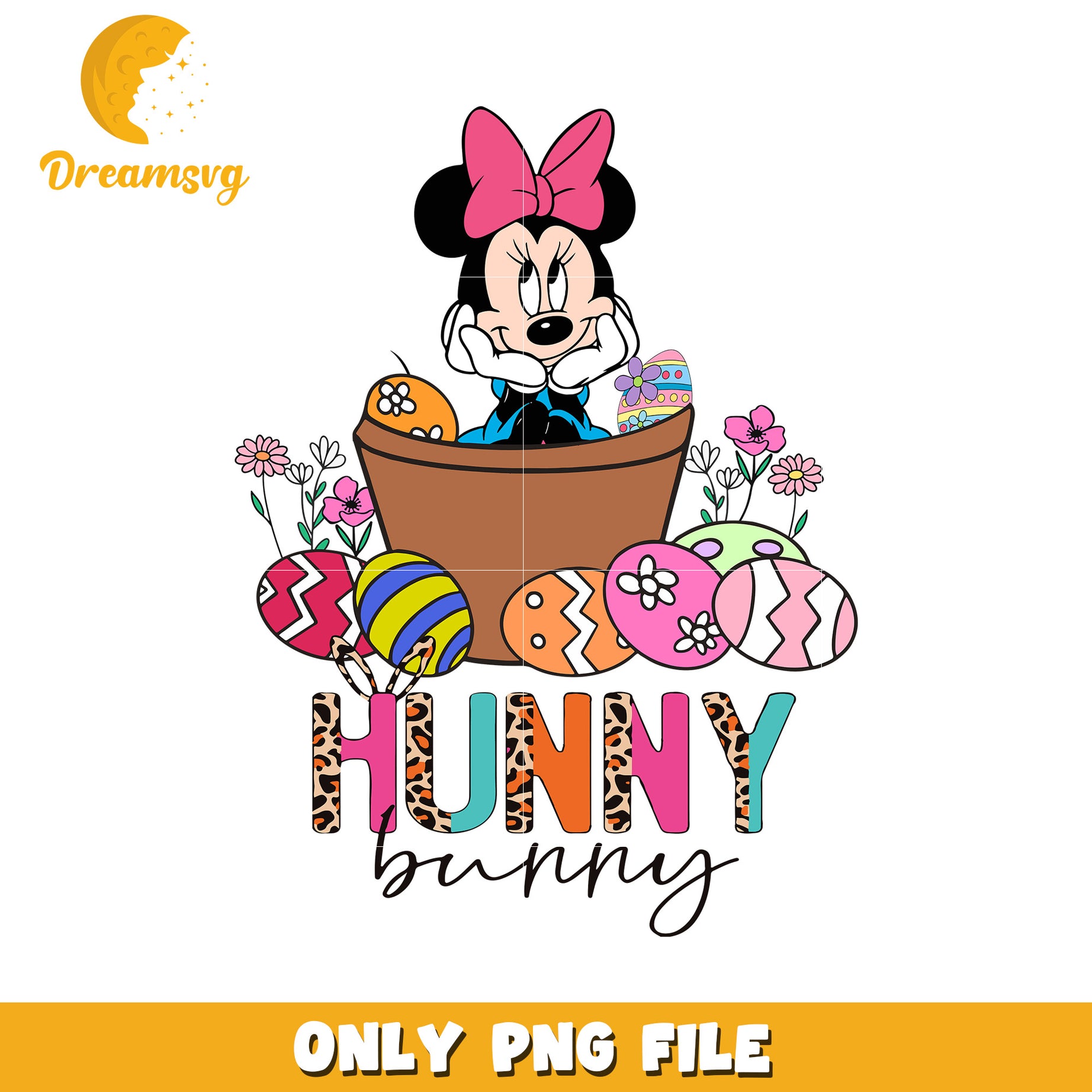 Minnie Mouse Easter Bunny Design with Colorful Eggs PNG