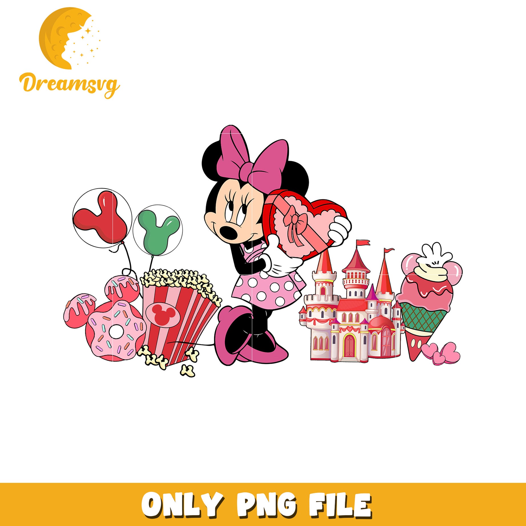 Minnie Mouse PNG with Balloons Ice Cream and Heart Gift