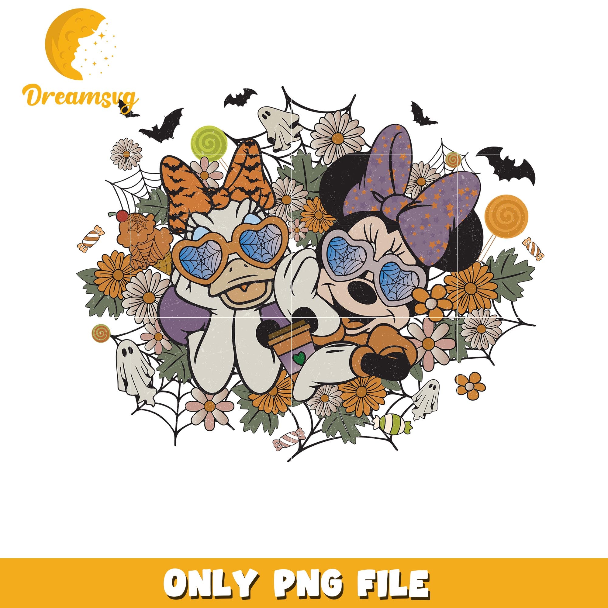 Minnie and Daisy fall floral png, Disney world halloween vibes png