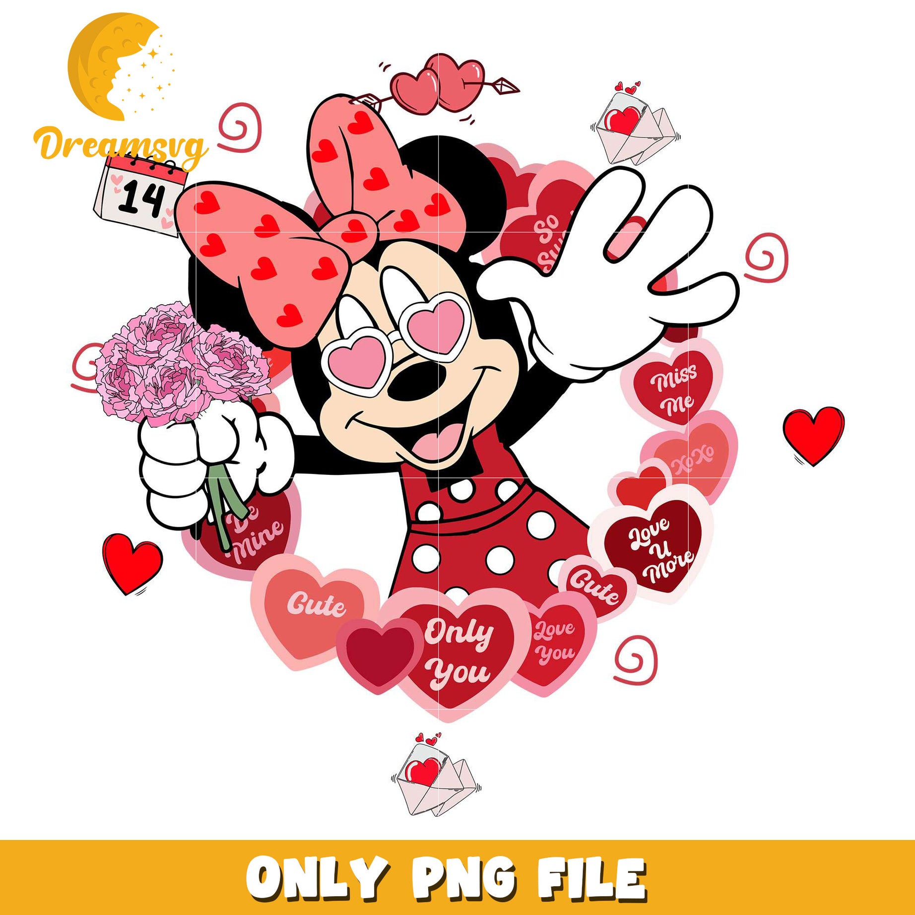 Minnie mouse heart glasses flower png, disney valentine png