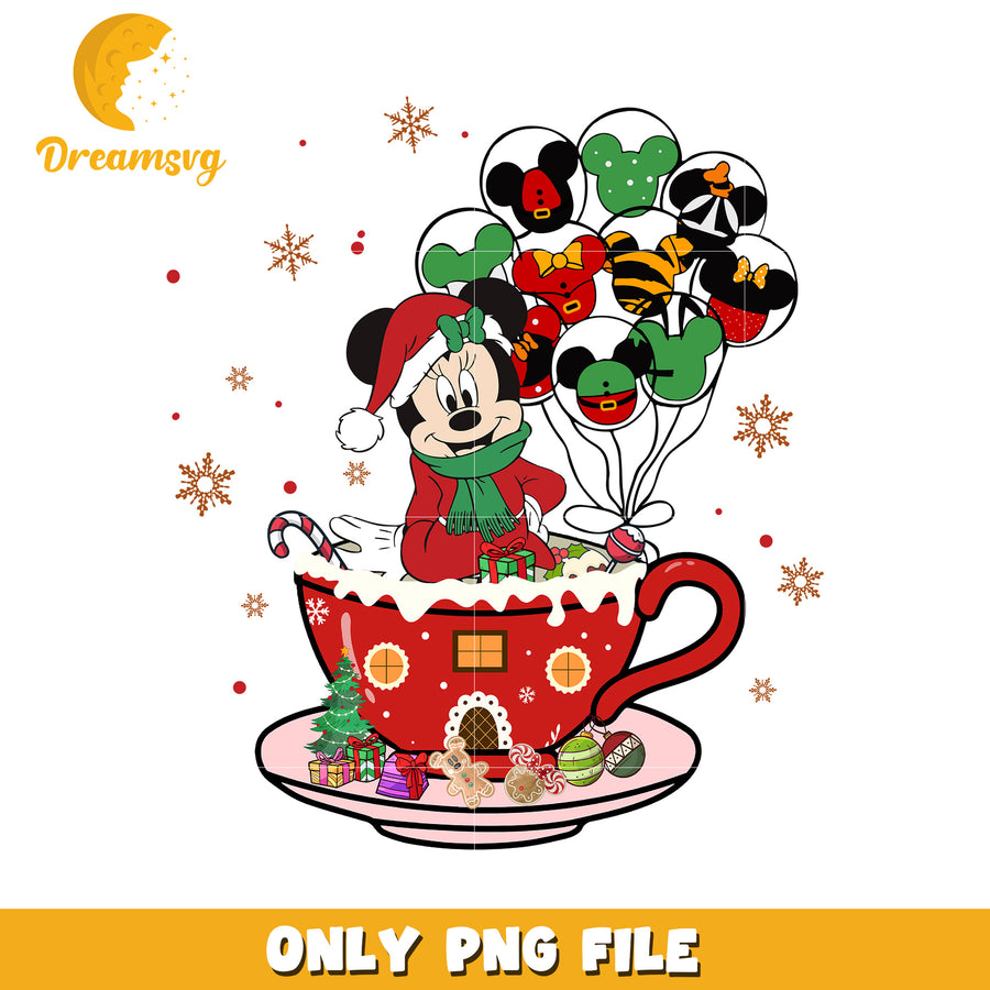 Minnie tea cup png, festive disney png, winter wonderland png
