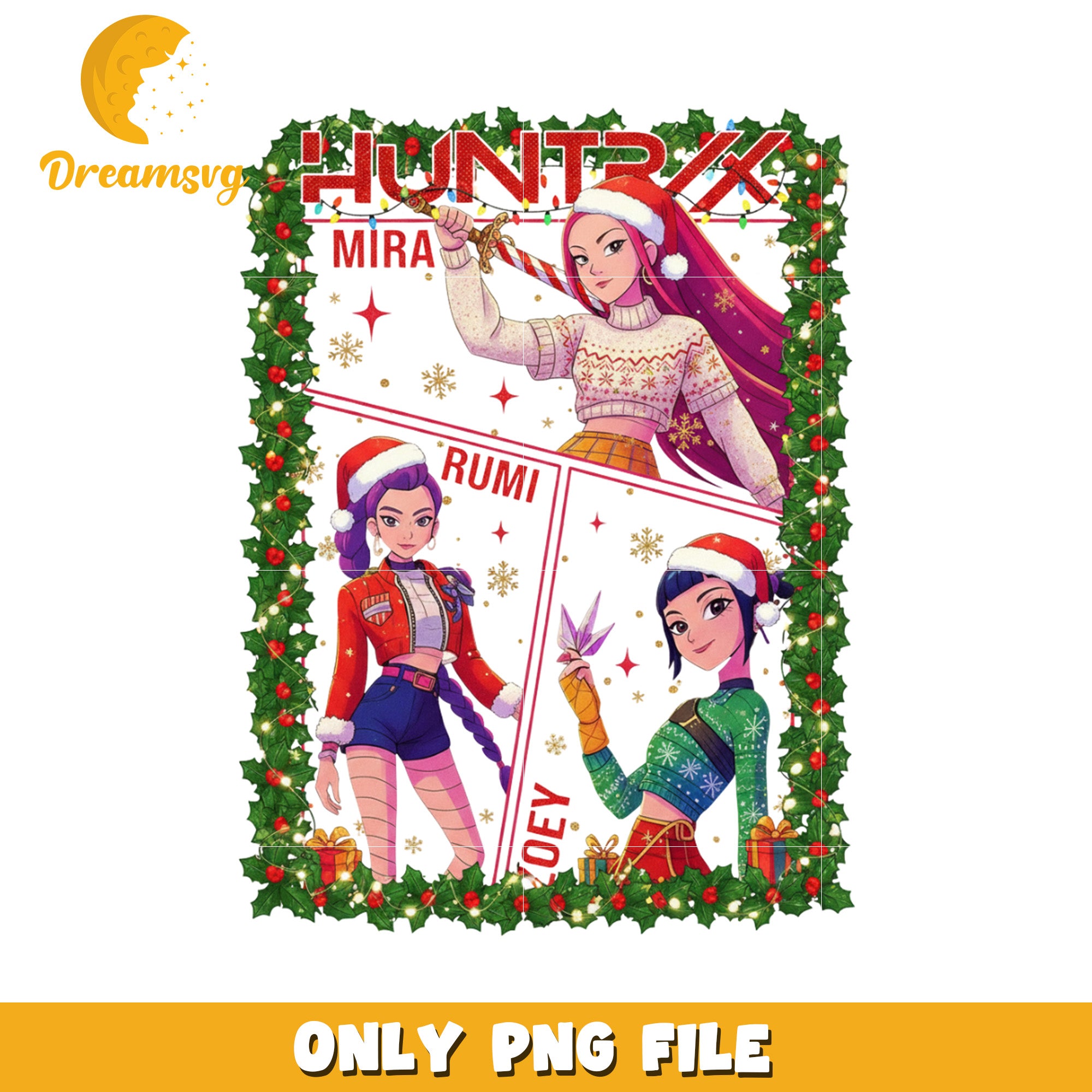 Mira rumi zoey huntrix png, kpop demon png, christmas cartoon png