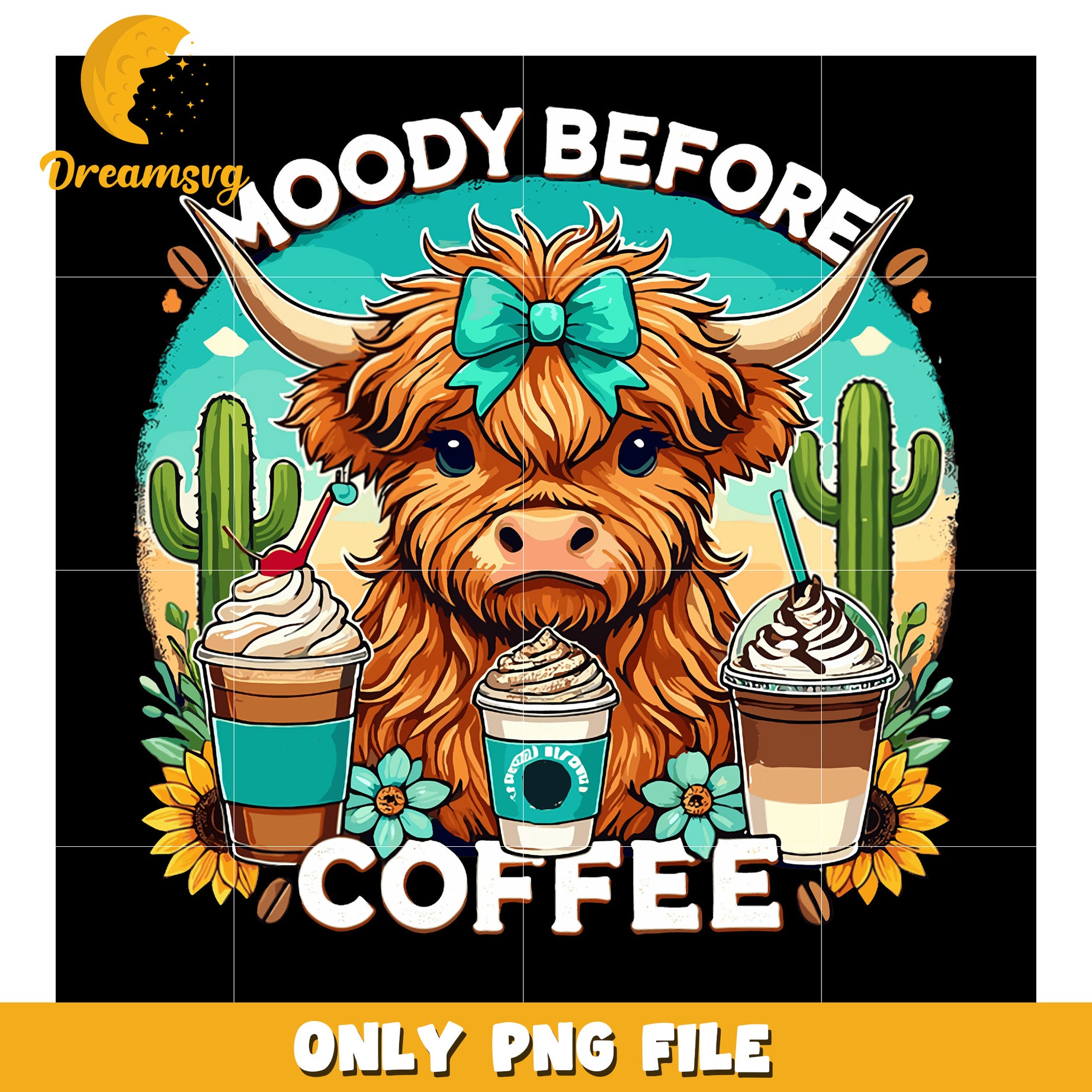 Moody Before Coffee Highland Cow PNG Art Design for Fans