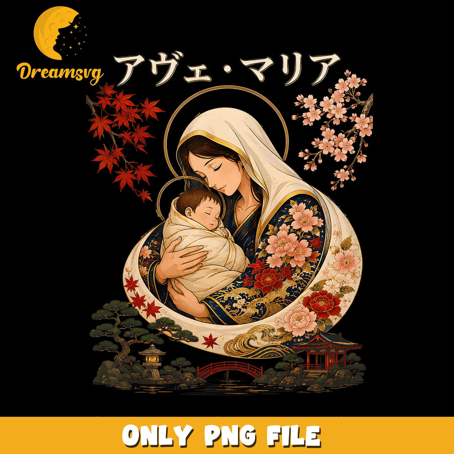 Mother Mary PNG, Japanese Art, Floral Design PNG