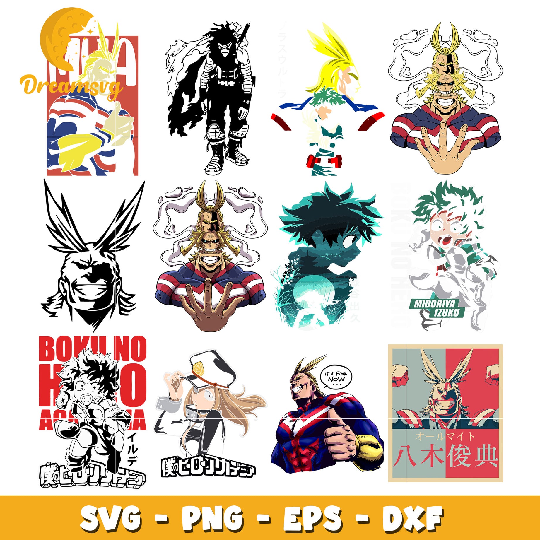 All might character anime bundle design svg, anime all might​ svg