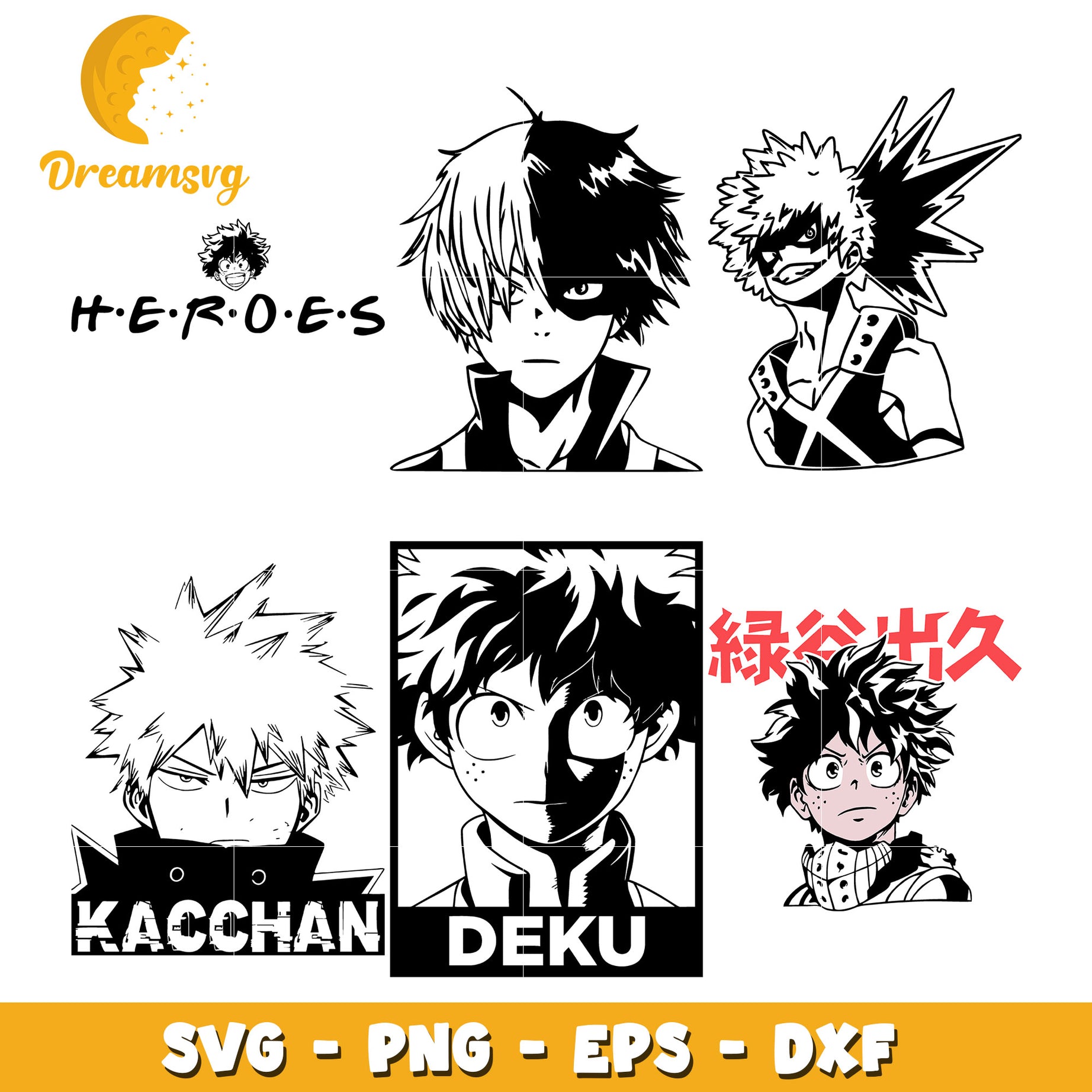 My hero academia black white bundle svg, my hero academia characters svg