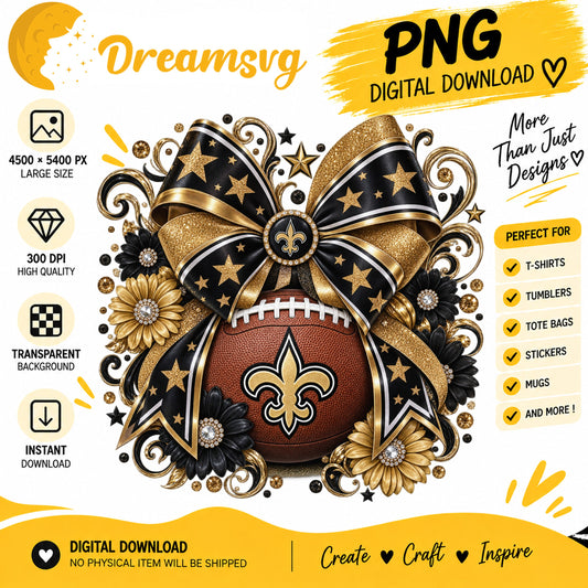 New Orleans Saints Coquette Bow Glitter Floral Football PNG