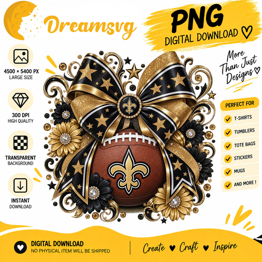 New Orleans Saints Coquette Bow Glitter Floral Football PNG