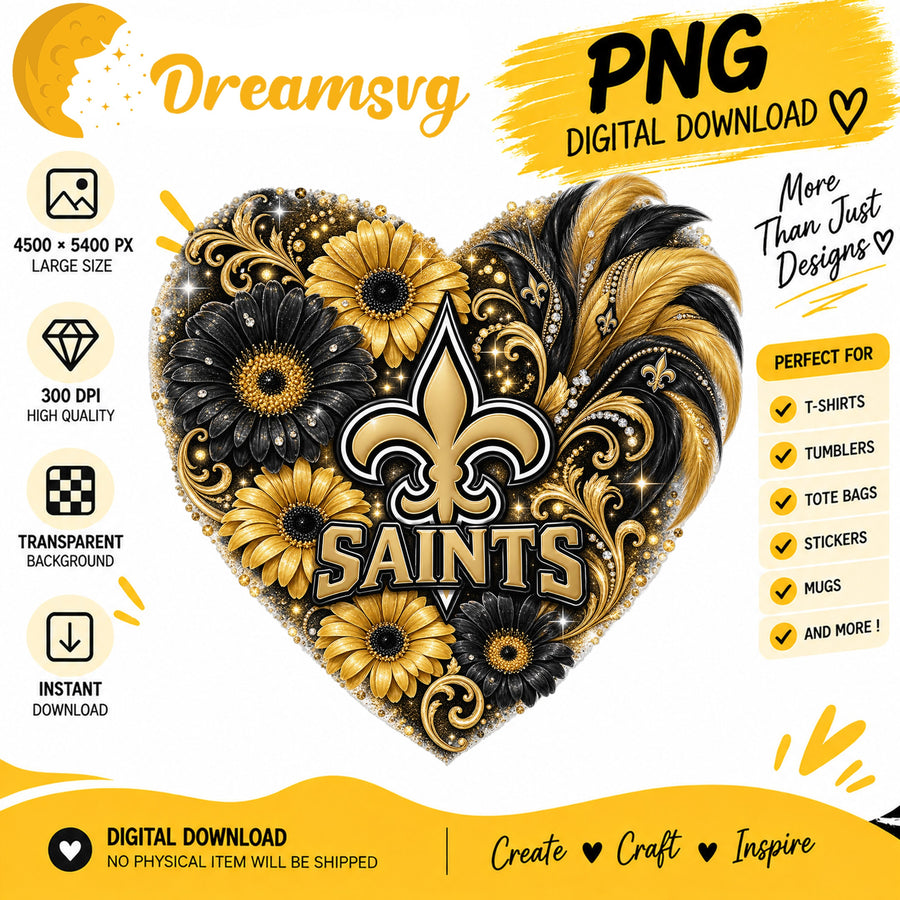 New Orleans Saints Floral Heart NFL Football Sublimation PNG