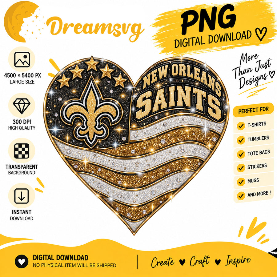 New Orleans Saints Glitter Heart NFL Football Fan Girl PNG