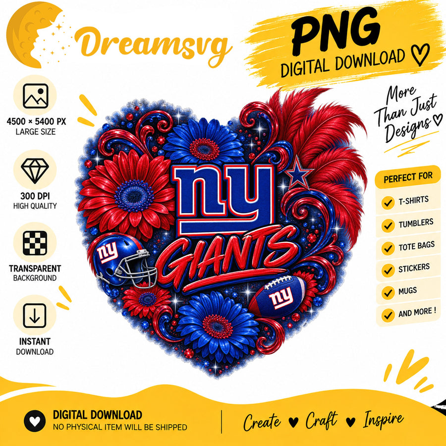 New York Giants Floral Heart NFL Football Sublimation PNG