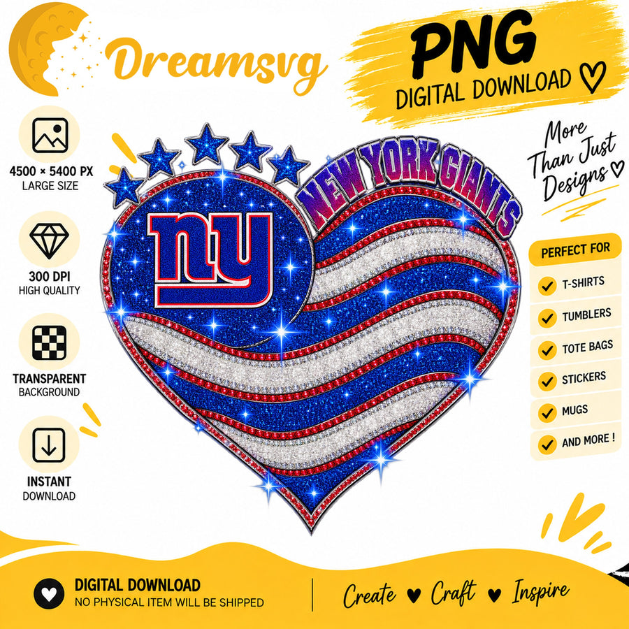 New York Giants Glitter Heart NFL Football Fan Girl PNG