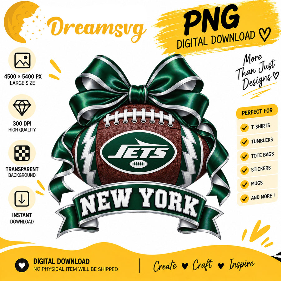 New York Jets Coquette Bow Football Sublimation Design PNG