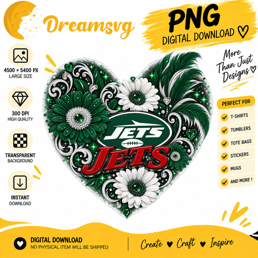 New York Jets Floral Heart NFL Football Sublimation PNG
