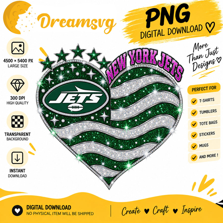 New York Jets Glitter Heart NFL Football Sublimation PNG