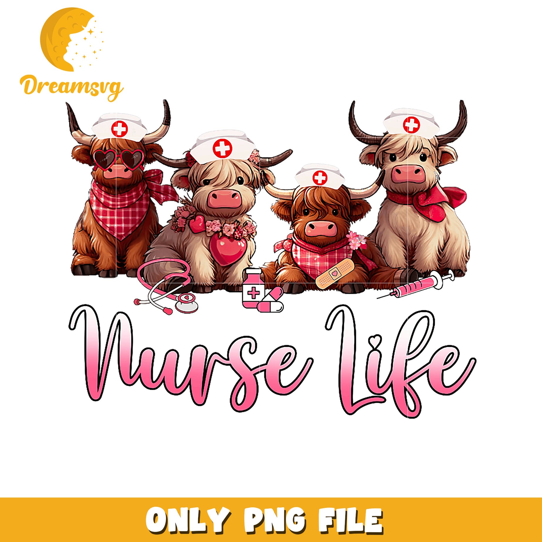 Nurse Life Highland Cow PNG Design