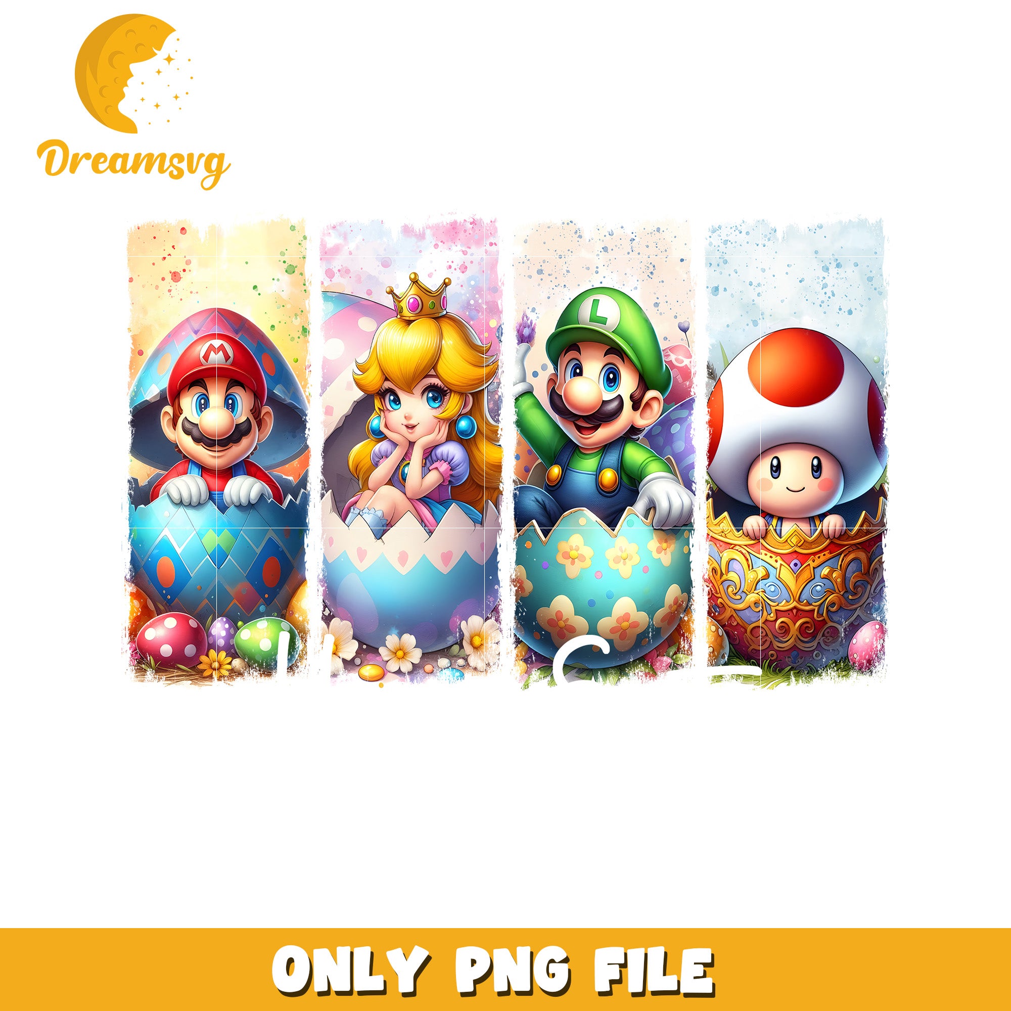 Option 1 (Focus on Characters) Mario, Peach, Luigi, Toad Easter PNG