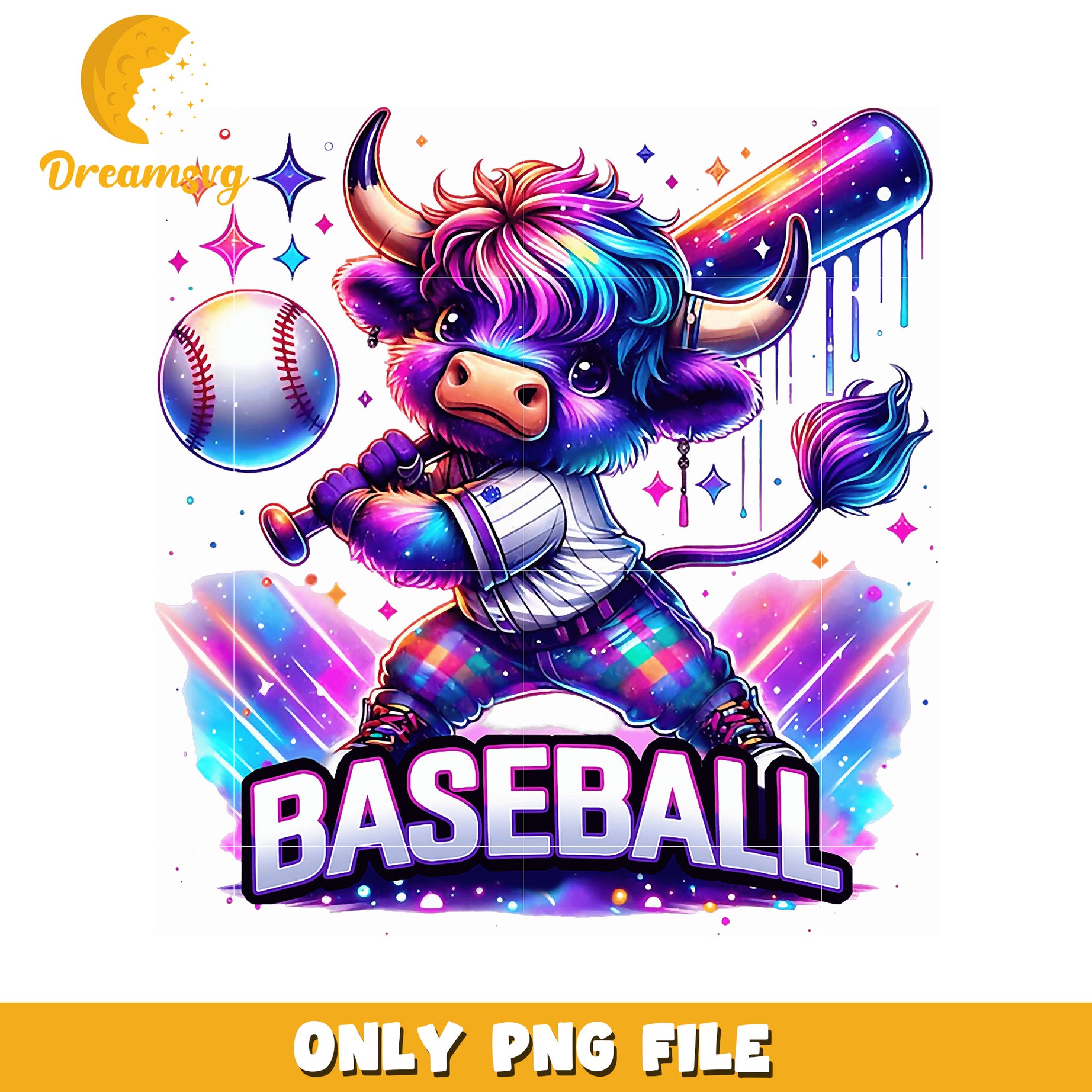 Option 1 (Focus on character)  Rainbow Cow Baseball PNG Sublimation