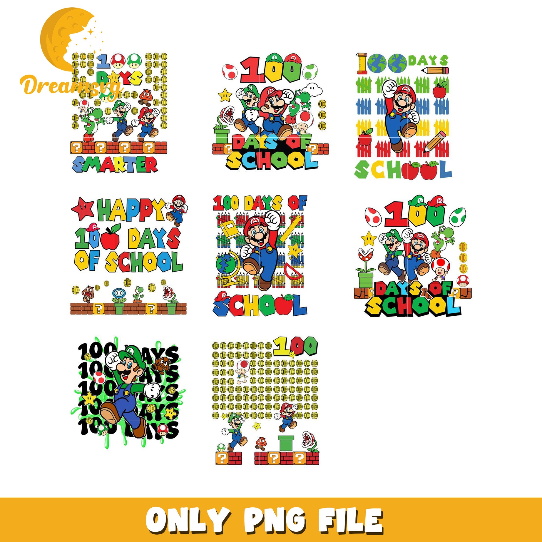 Option 1 (Focus on quantity) 6x Mario 100 Days School PNG Bundle