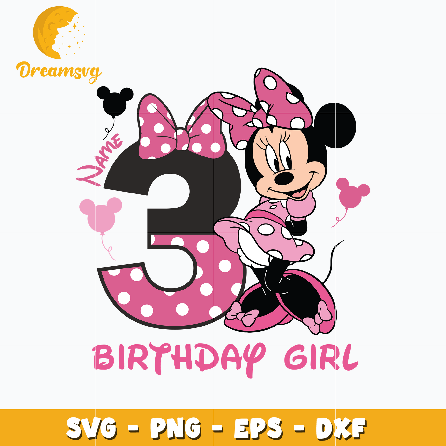 Minnie mouse pink 3rd birthday girl svg