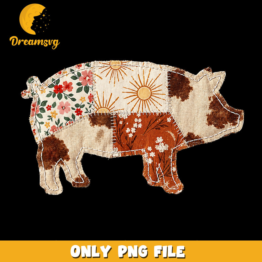 Patchwork Pig PNG, Floral Design, Farmhouse Style PNG
