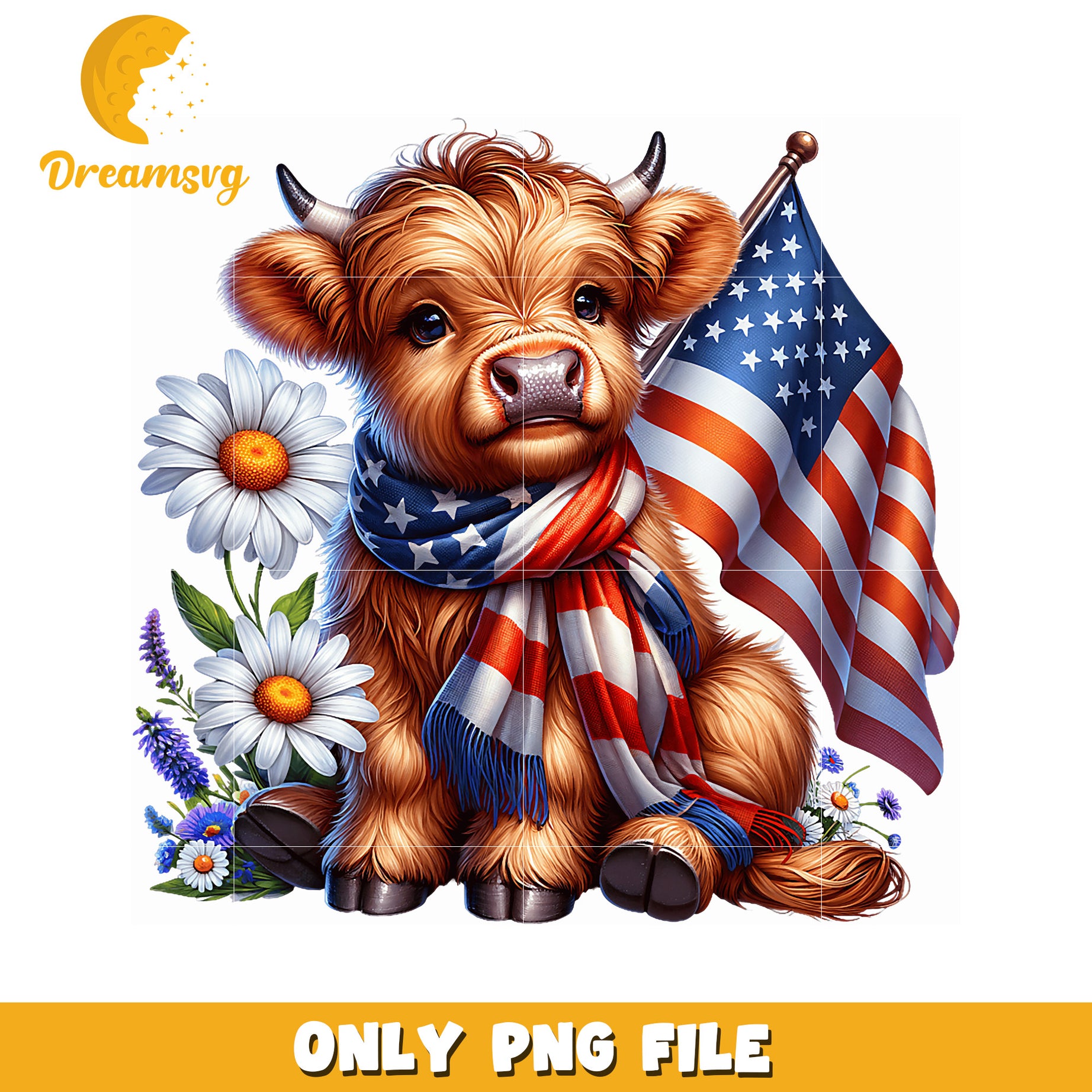 Patriotic Highland Cow PNG Digital Download