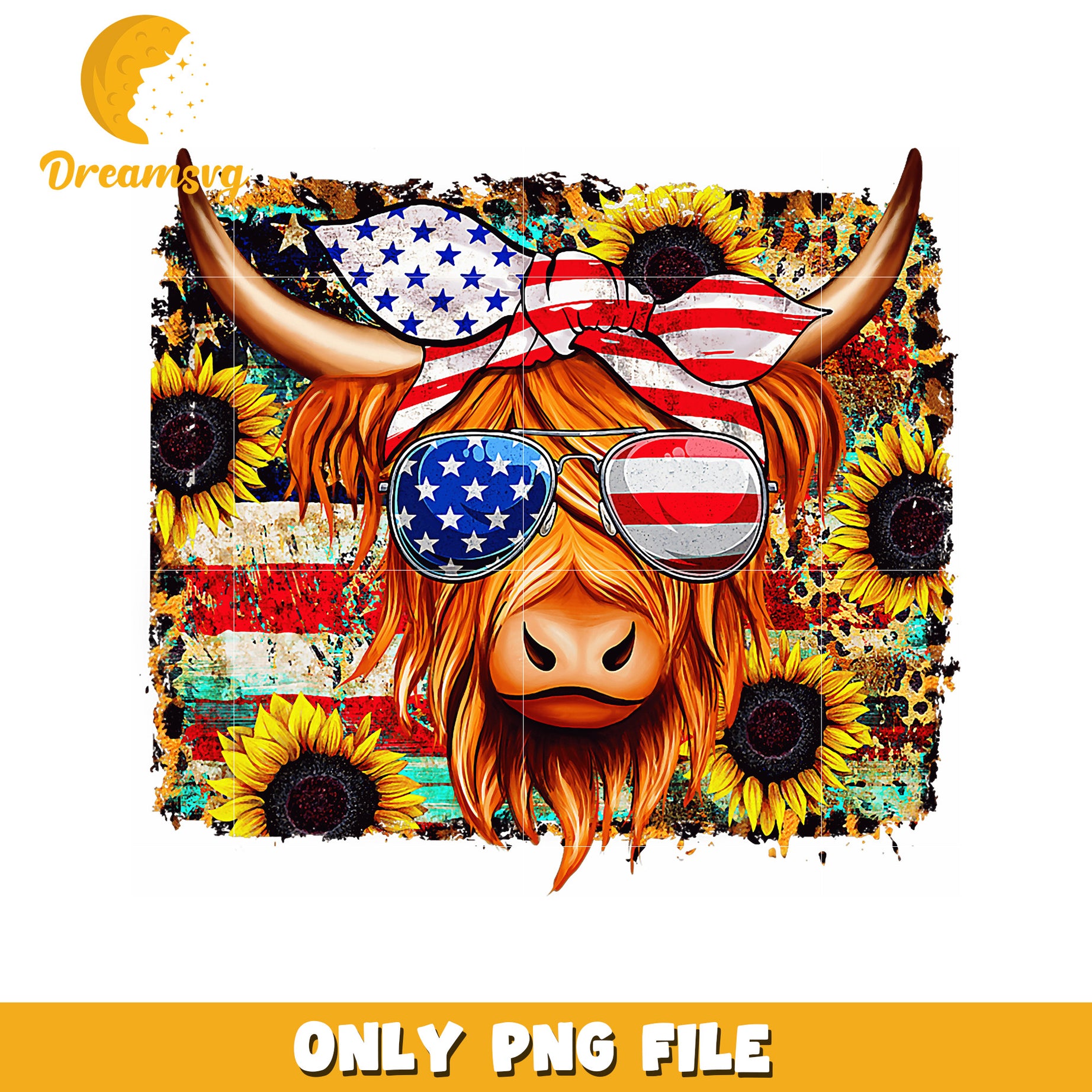 Patriotic Highland Cow PNG Sublimation