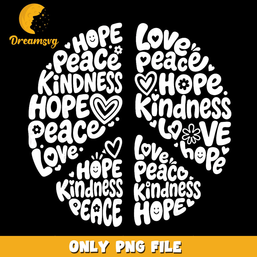 Peace Love Kindness Hope Word Art PNG, Inspirational Quote, Retro PNG