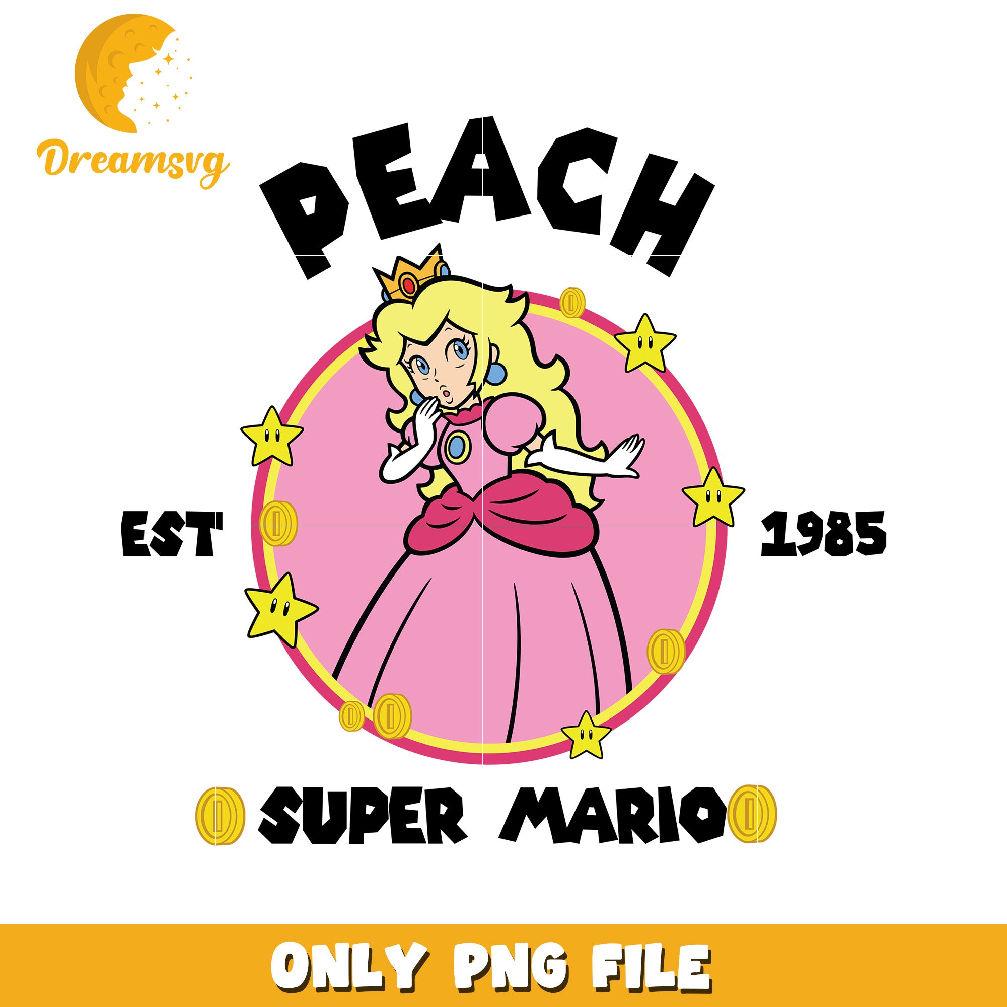 Peach princess super mario est 1985 png, super mario logo png, vintage mario design png