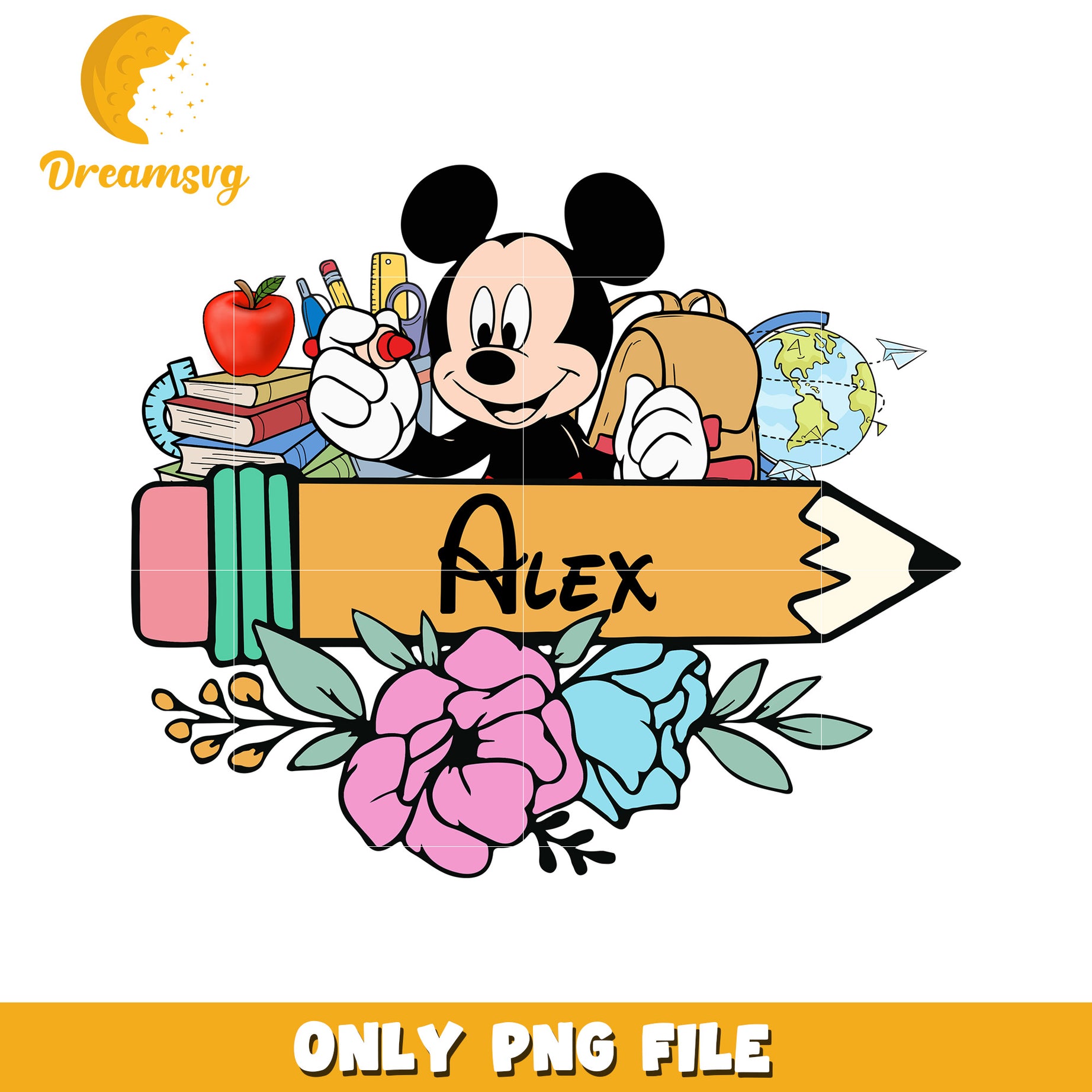 Personalized Mickey Mouse School Themed PNG Artwork Alex