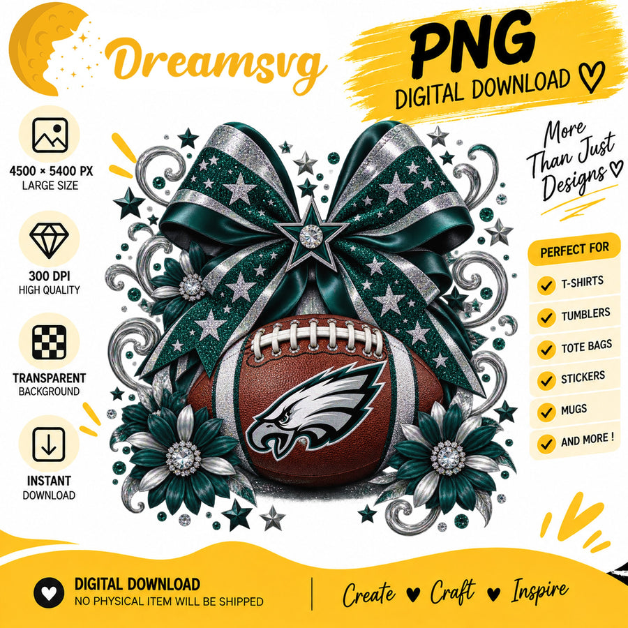 Philadelphia Eagles Coquette Bow Glitter Floral Football PNG