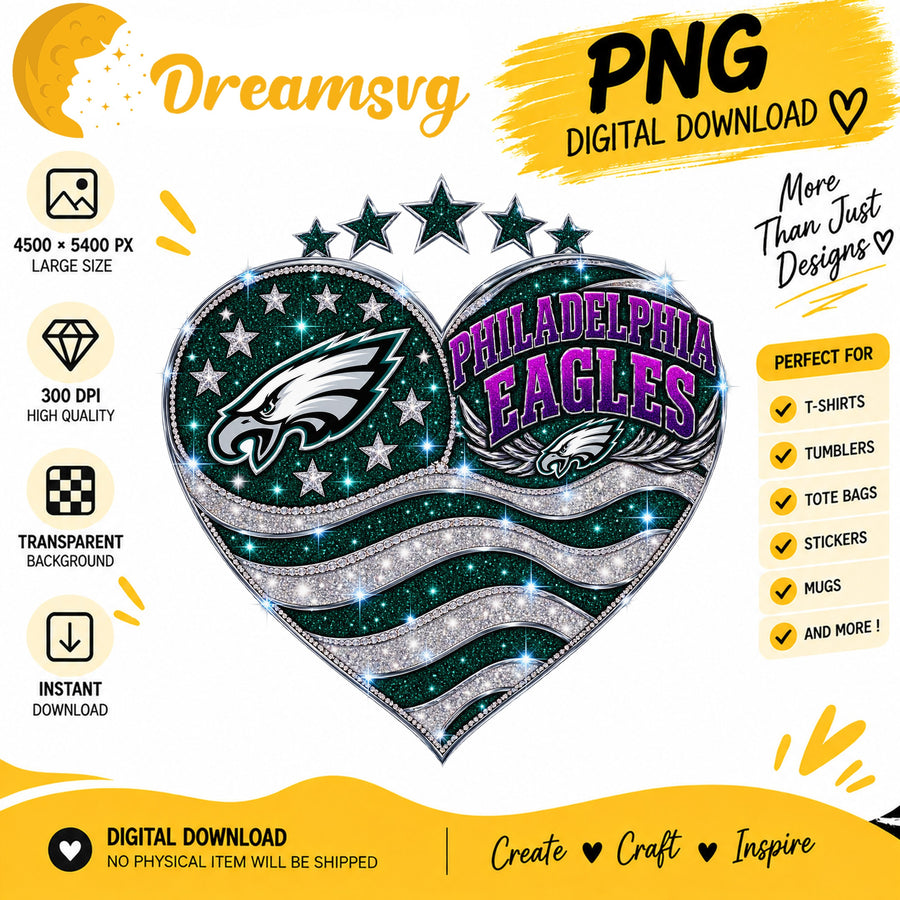 Philadelphia Eagles Glitter Heart NFL Football Fan Girl PNG