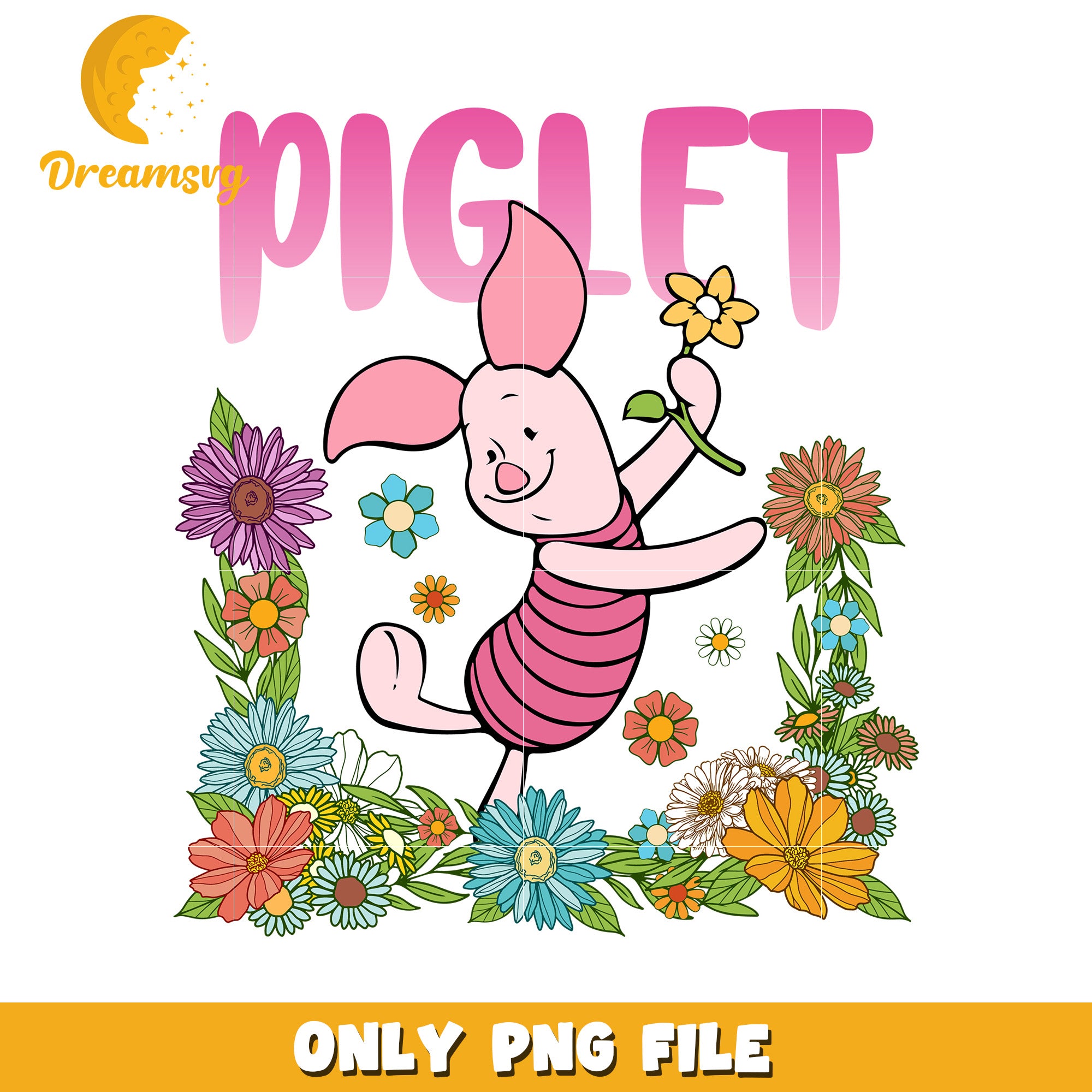 Piglet Character Floral Design PNG File for Download