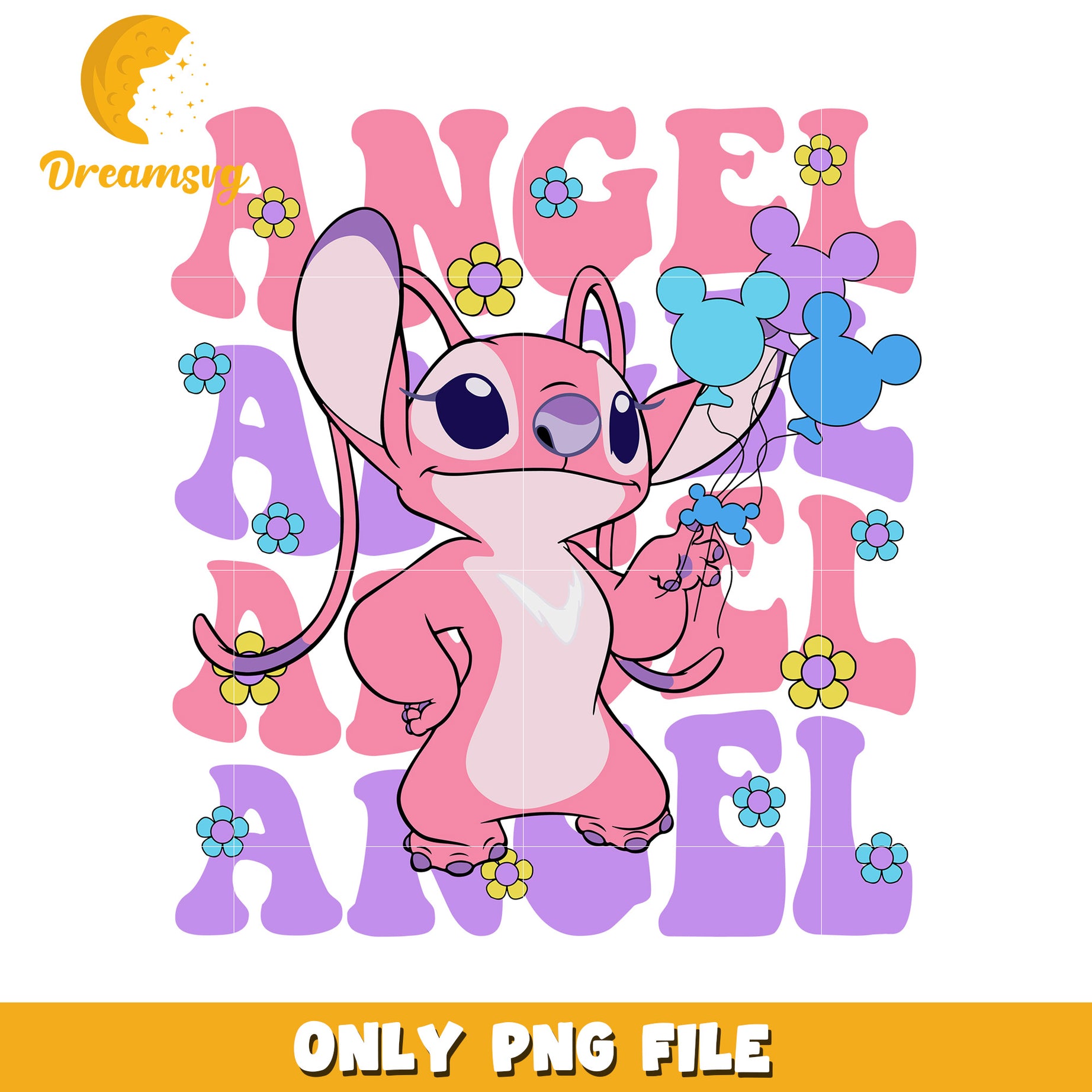 Pink Angel Stitch PNG, Balloons, Flowers