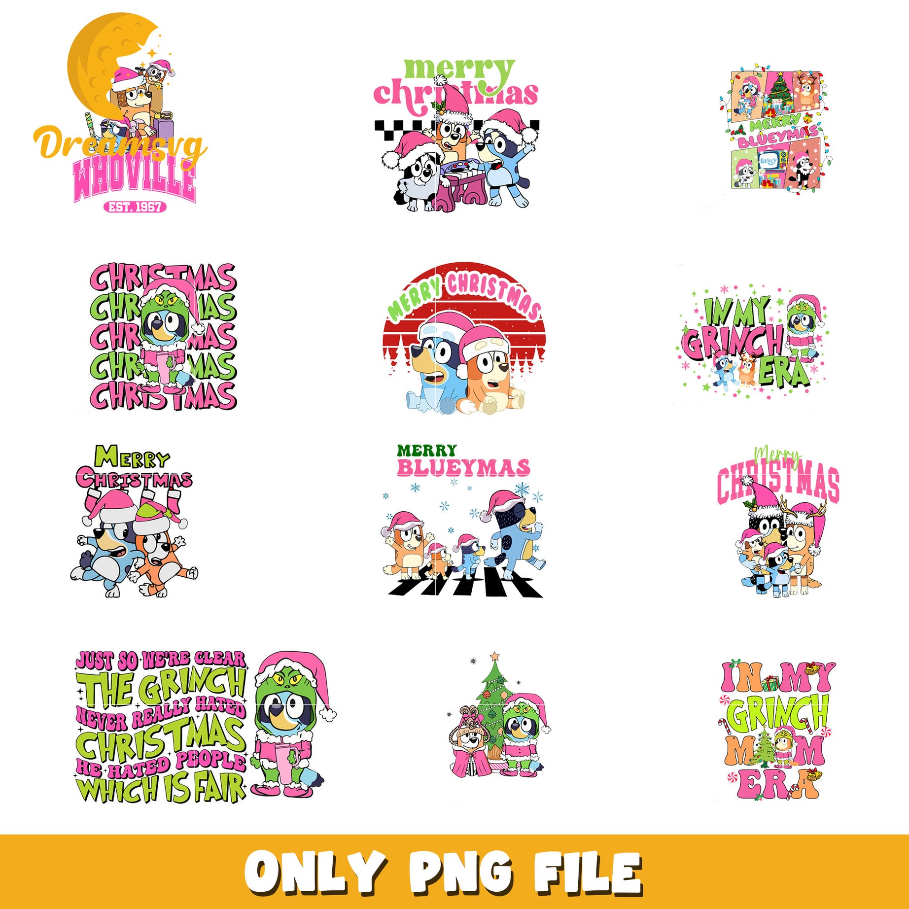 Bluey dog merry christmas design bundle png, bluey and bingo christmas​ png