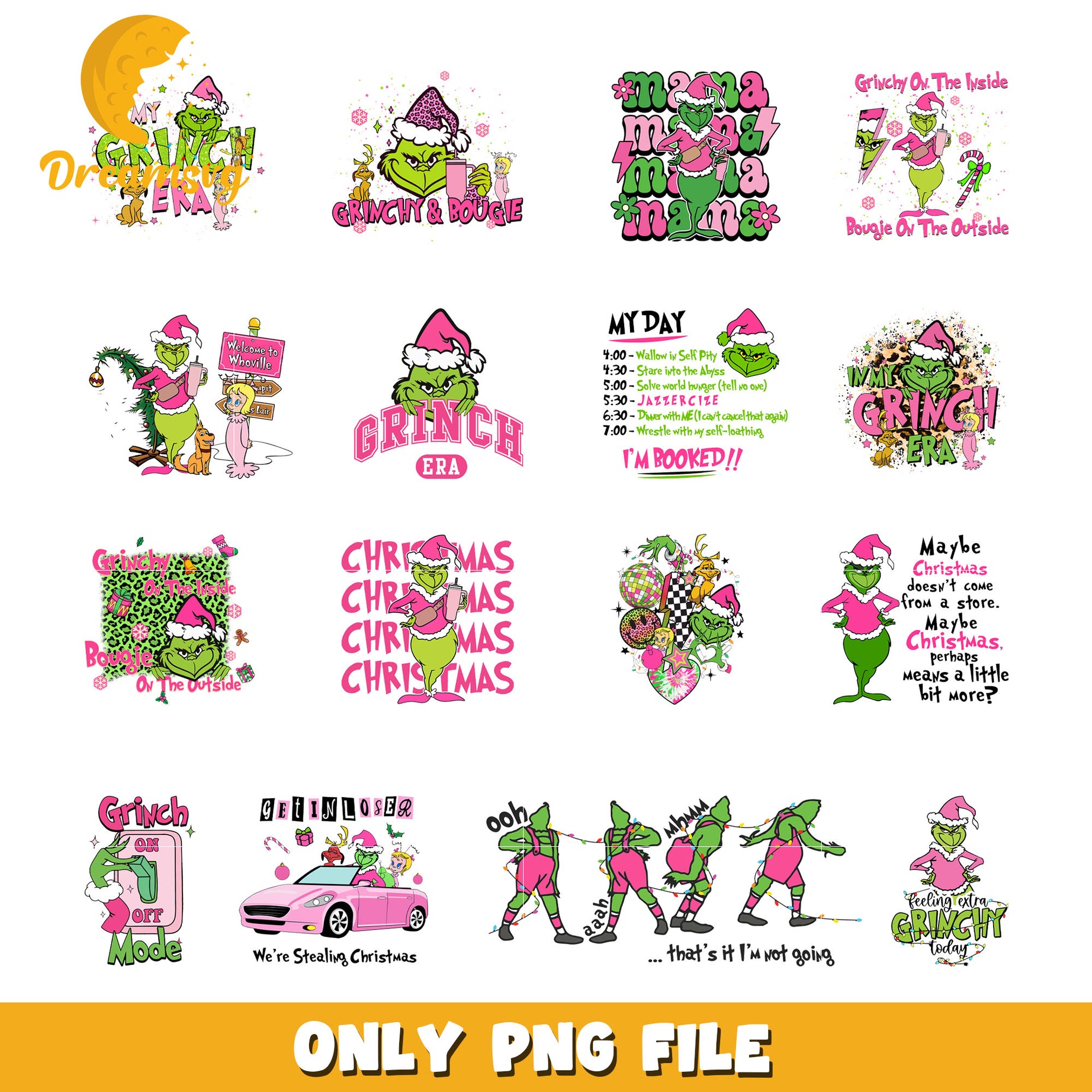 Grinchy and bougie christmas pink bundle png, grinch era​ png