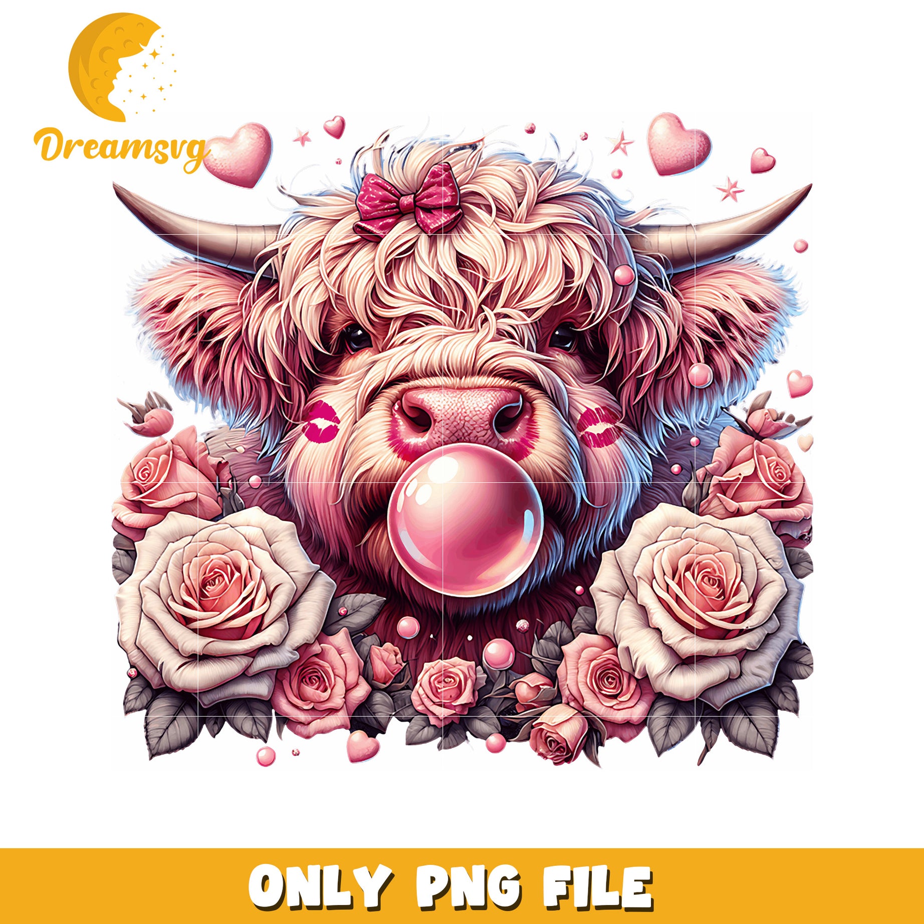 Pink Highland Cow PNG Roses & Bubblegum