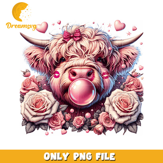 Pink Highland Cow PNG Roses & Bubblegum