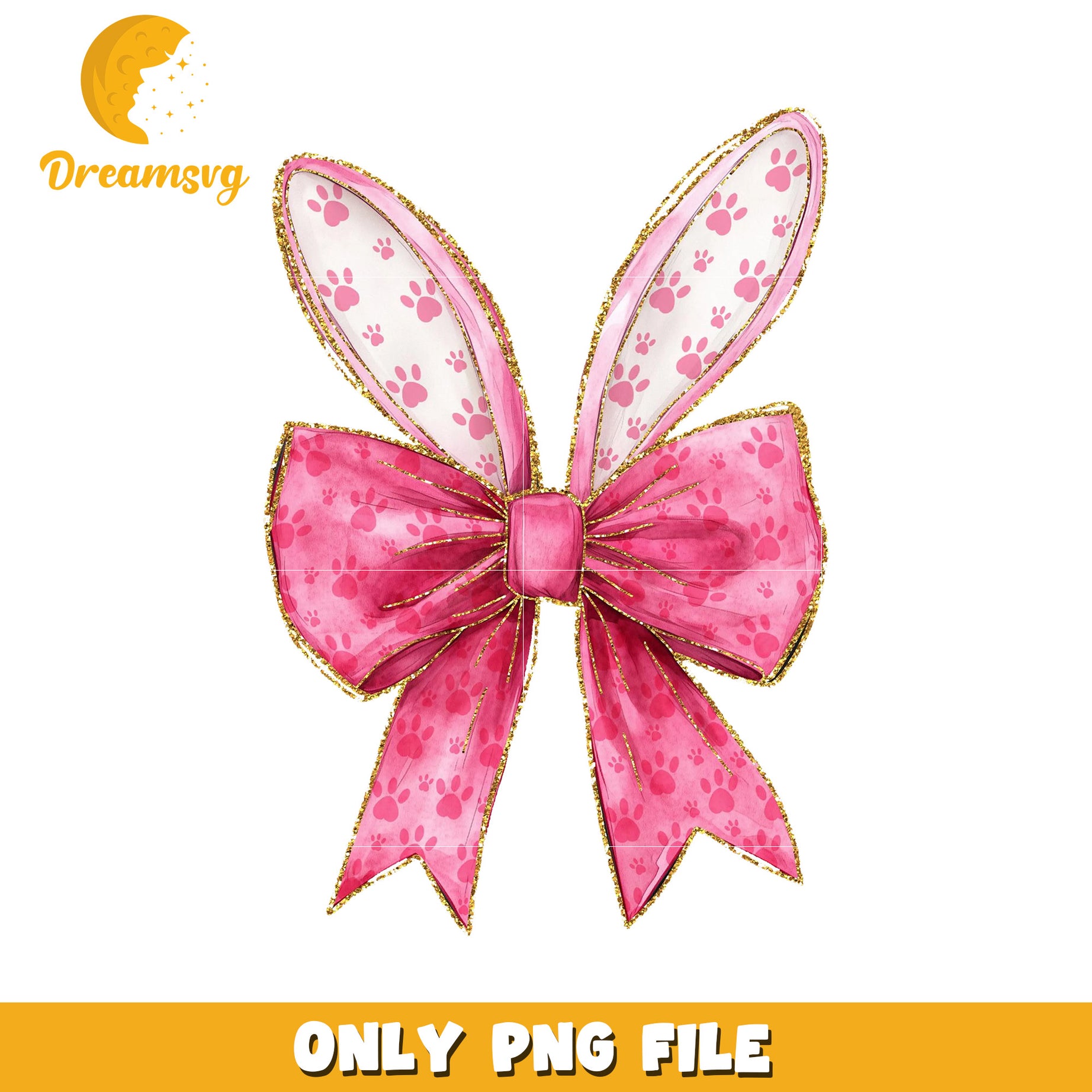 Pink Paw Print Bow PNG Gold Glitter Design