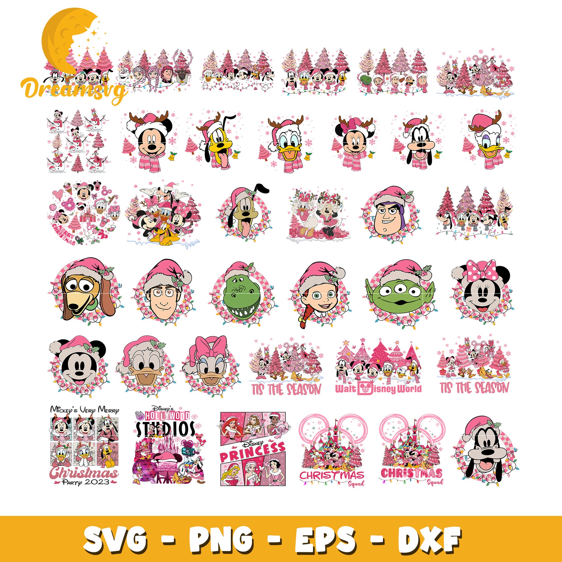 Disney characters christmas pink bundle svg, christmas tis the season​ svg