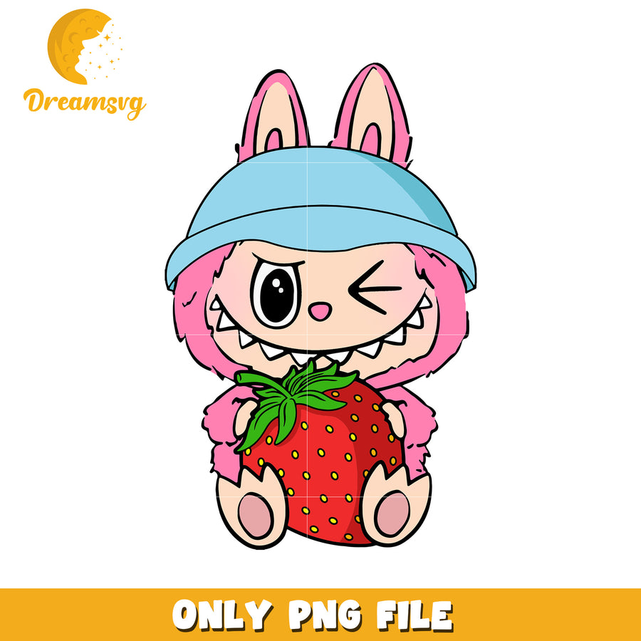 Pink labubu and strawberry png, cute labubu​ png, labubu cartoon​ png