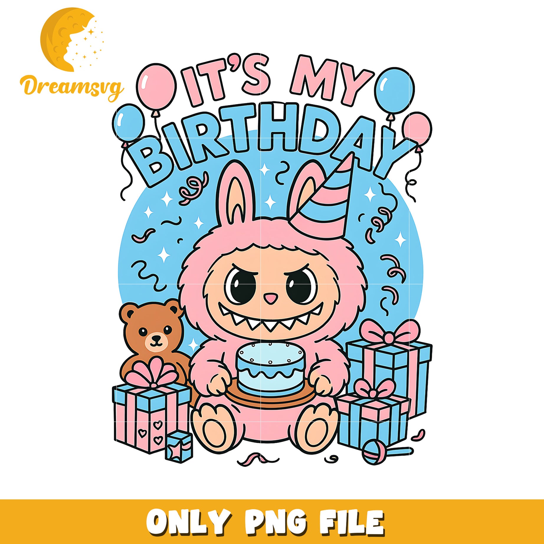 Pink labubu its my birthday png, cute labubu png, popmart labubu png